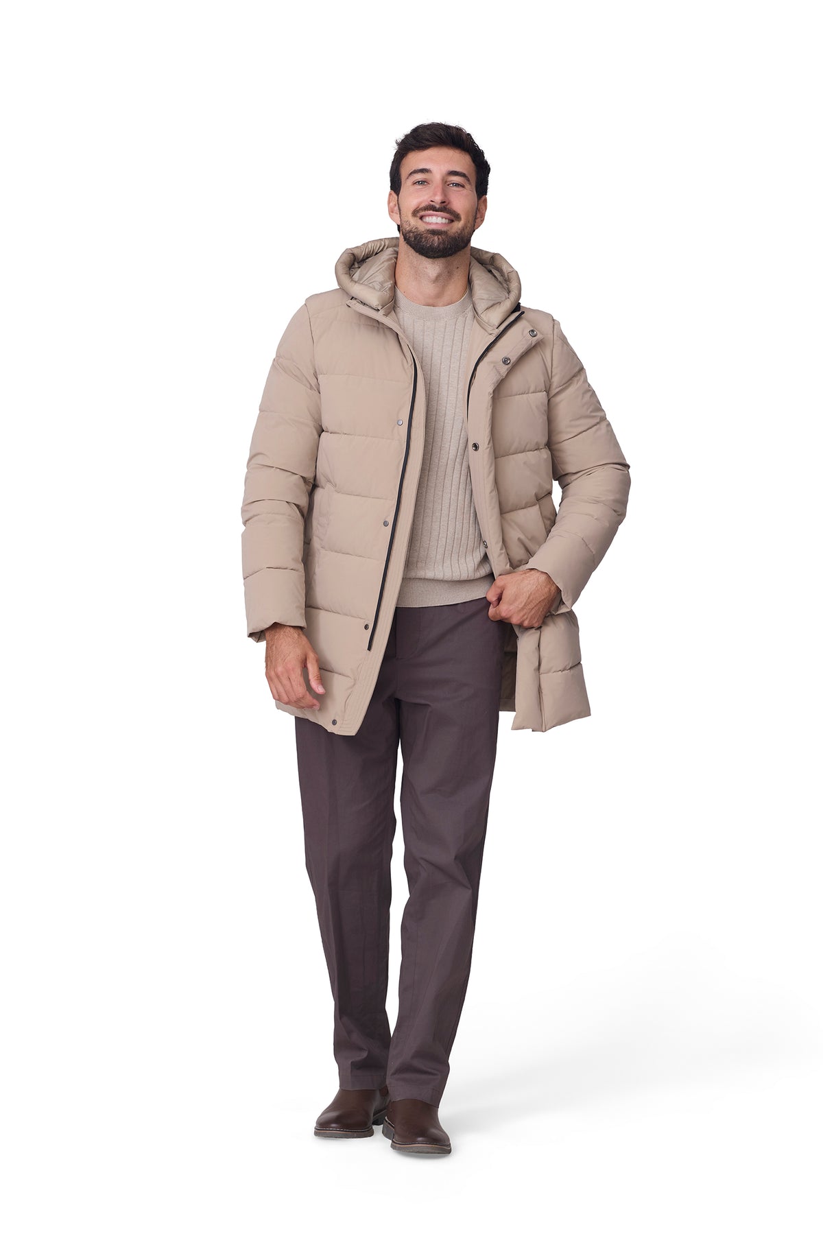 Parka acolchada beige, vista abierta mano