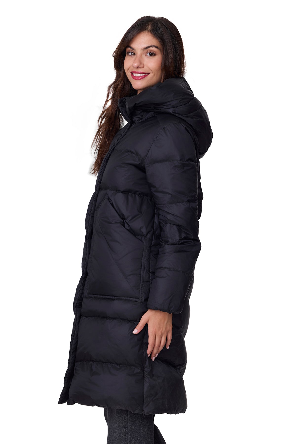 Plumífero largo acolchado negro capucha, vista bolsillo