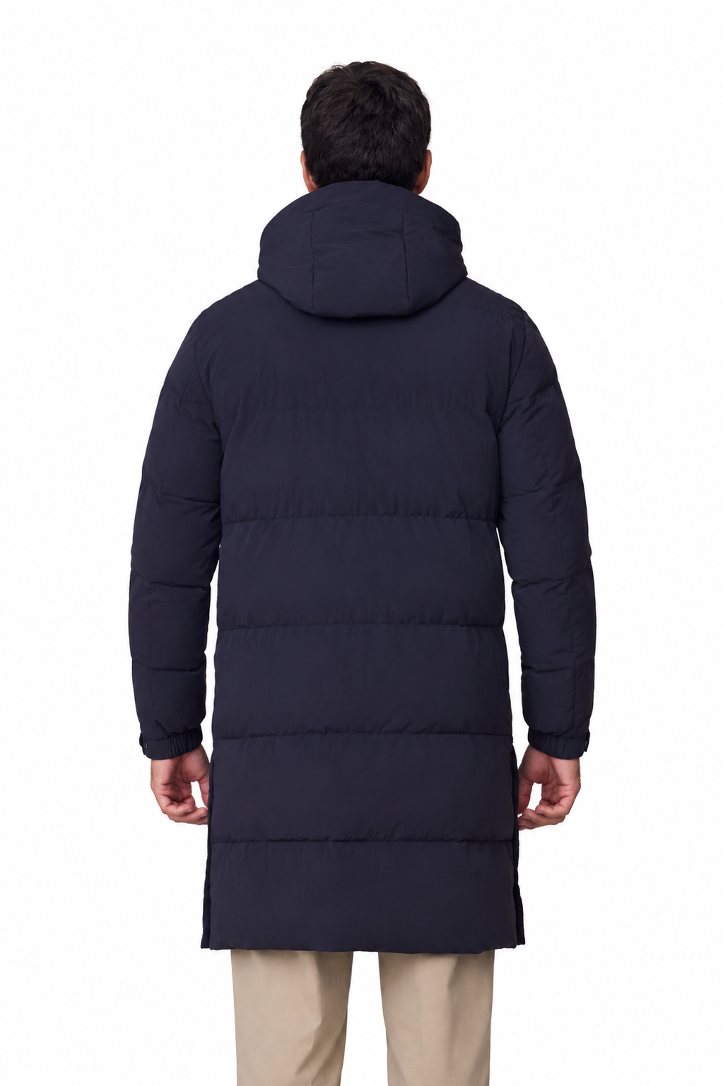 Parka larga acolchada capucha marino, vista espalda cuerpo
