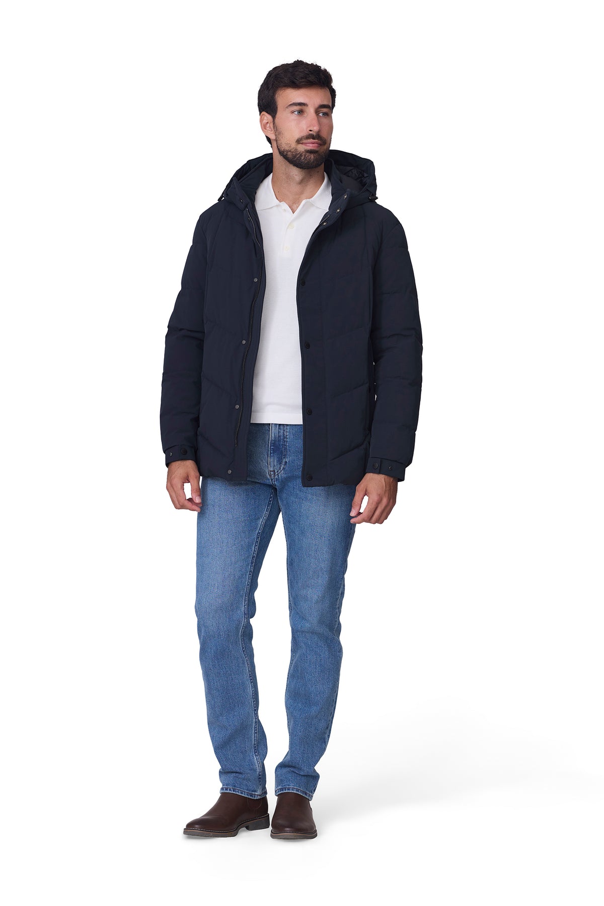 Parka hombre acolchada espiga color marino, vista cuerpo entero.