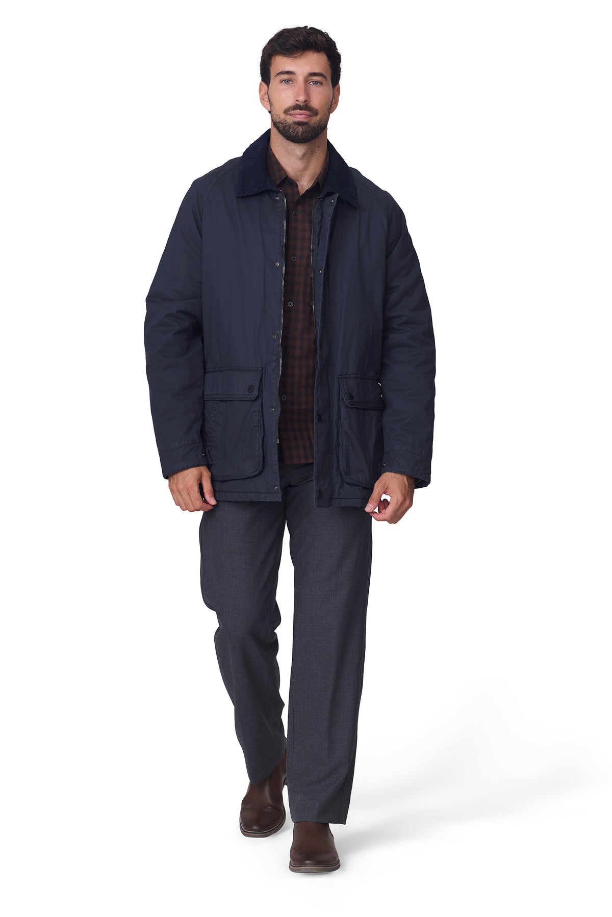 Parka hombre lisa cuello pana marino, vista abierta