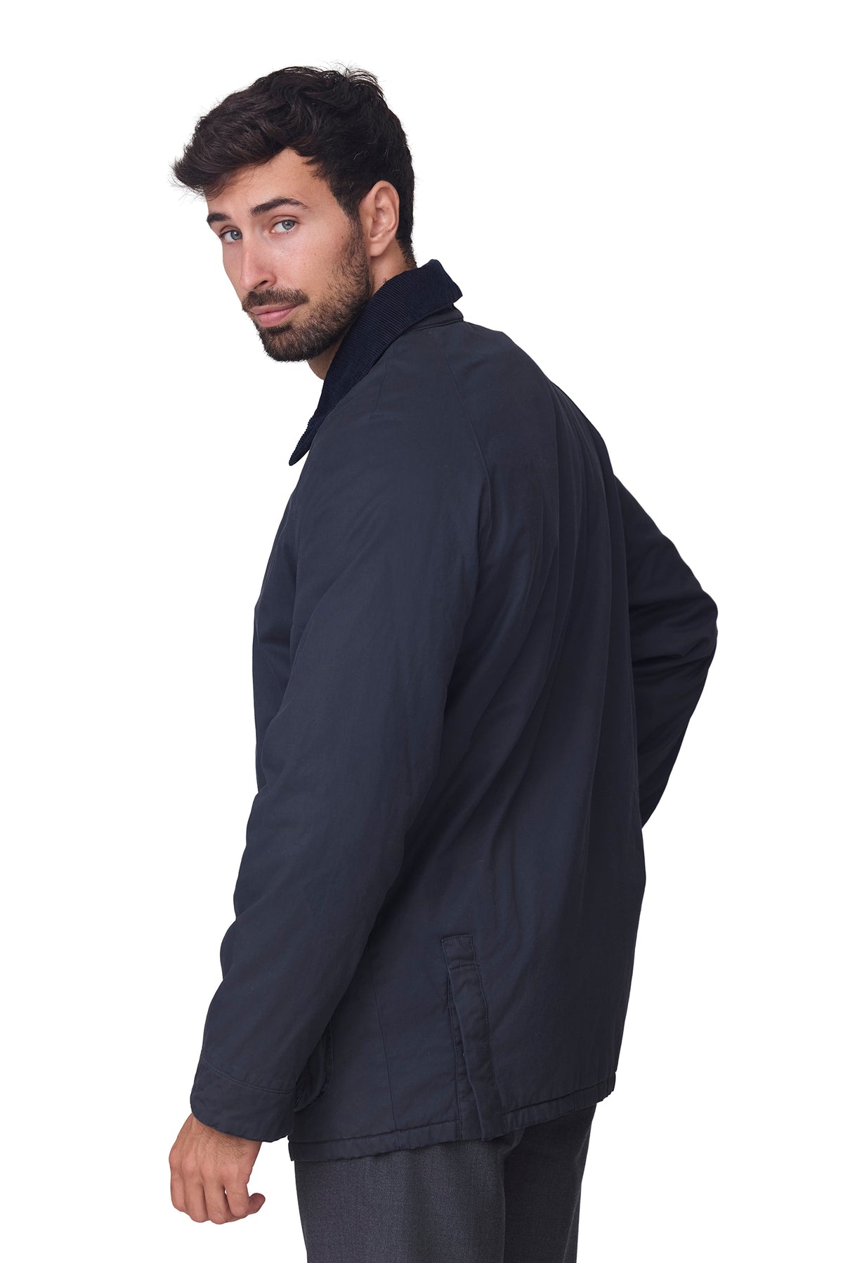 Parka hombre lisa cuello pana marino, vista lateral