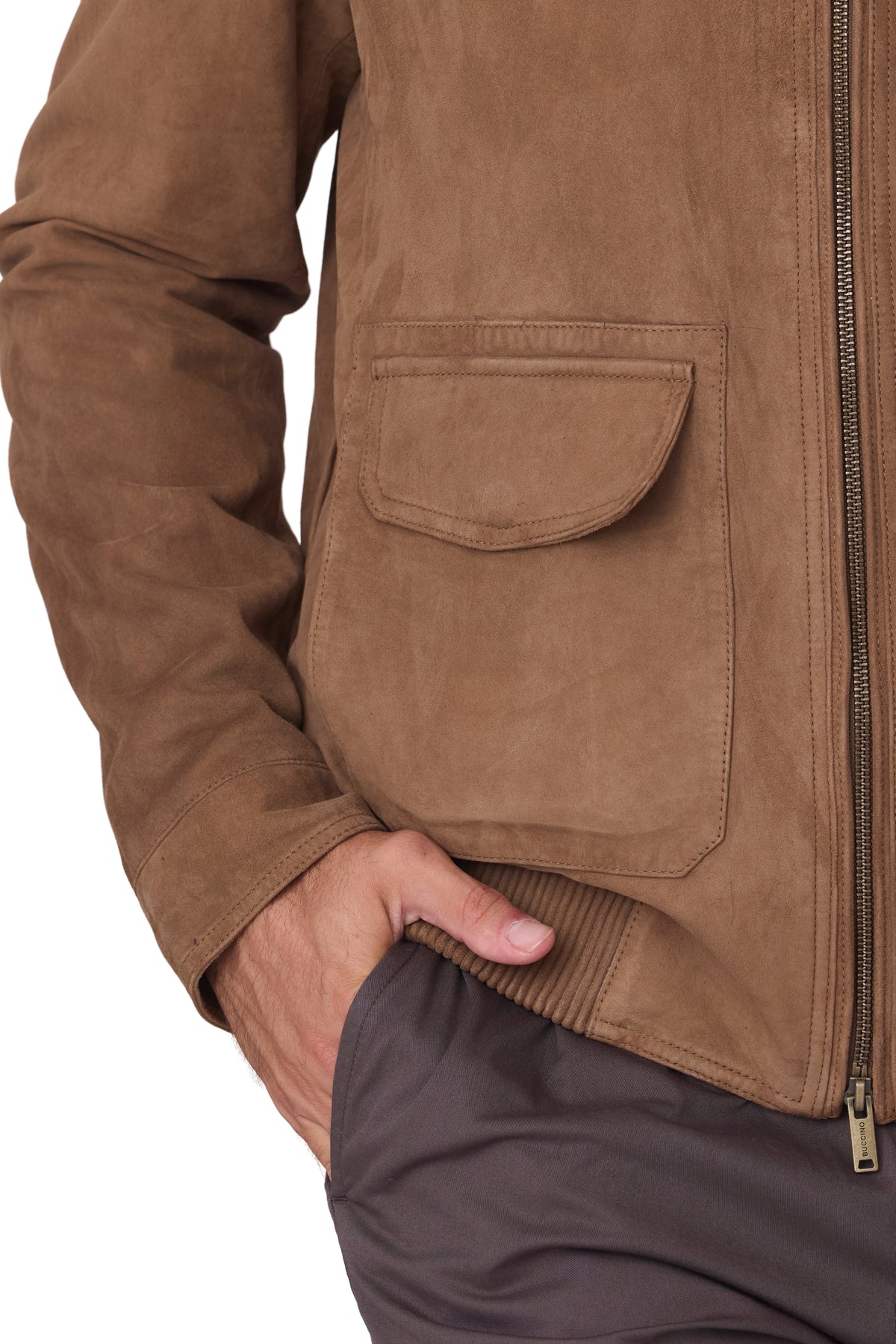 Cazadora camel de piel bolsillo cartera y punto, vista bolsillo