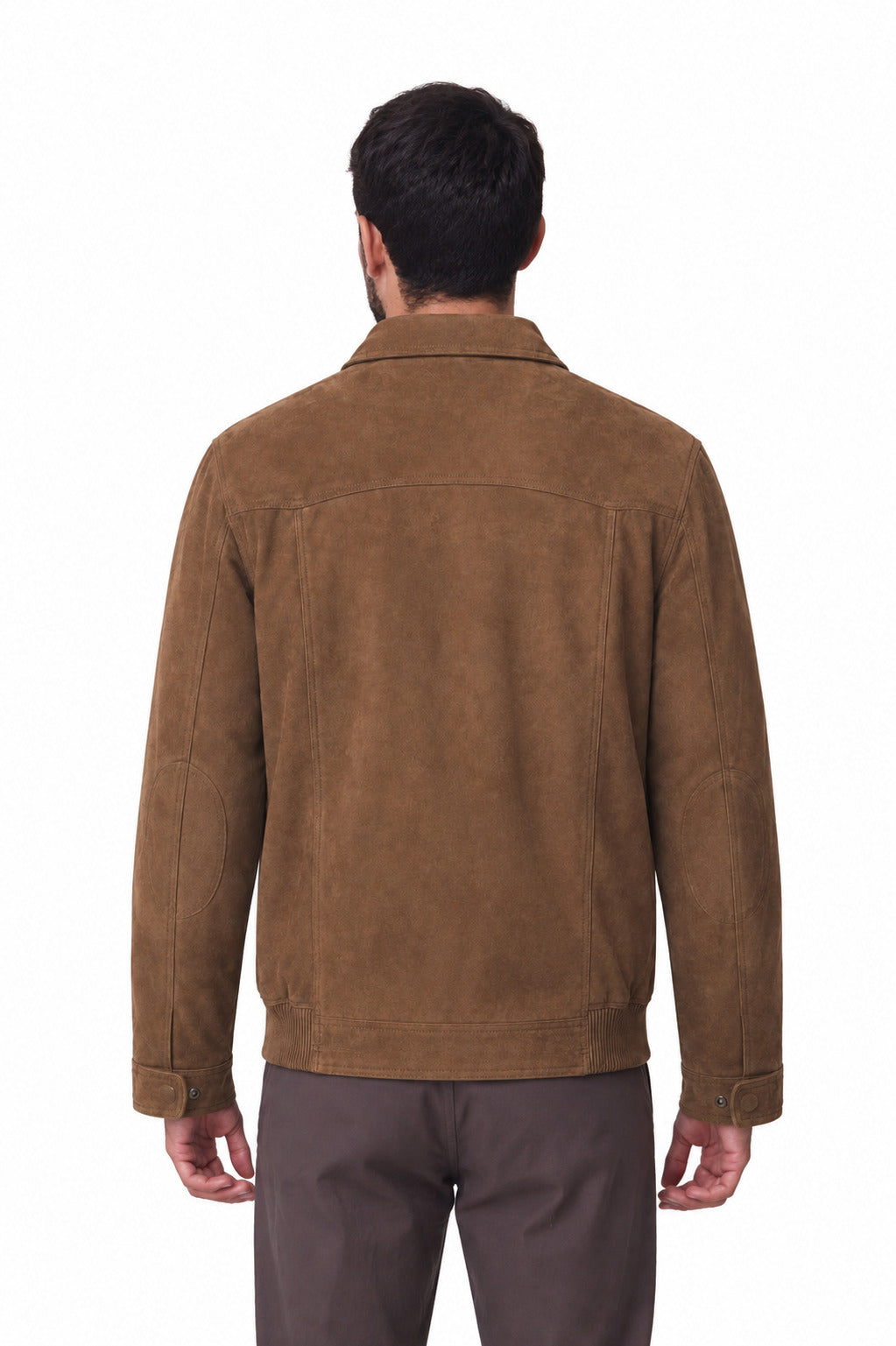 Cazadora camel de piel bolsillo cartera y punto, vista espalda