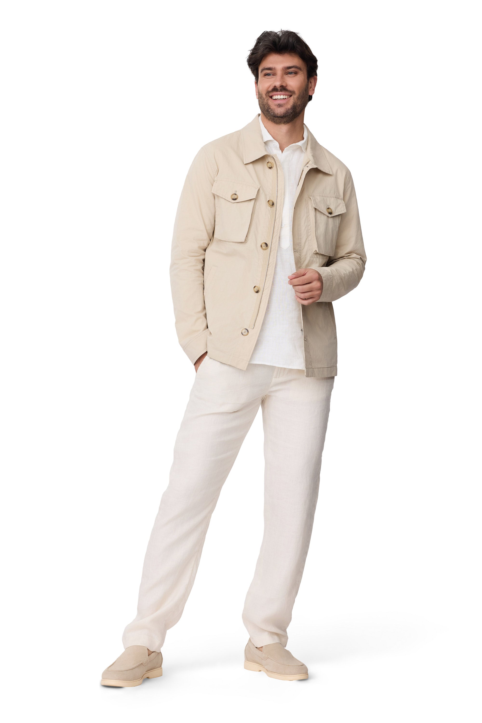 Parka Fabricio para hombre beige con botón y bolsillo detalle abierta