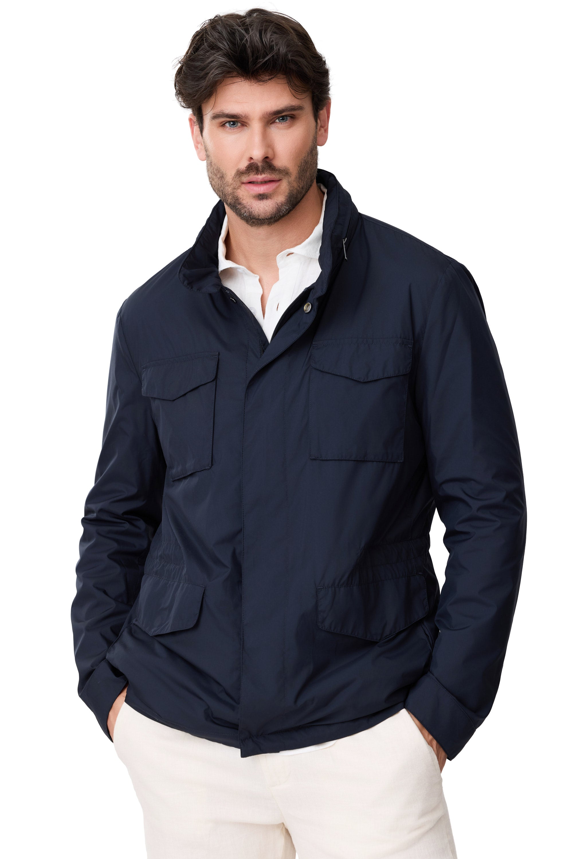 Parka Lorien primavera para hombre azul marino con bolsillo y elástico detalle frente cerrada
