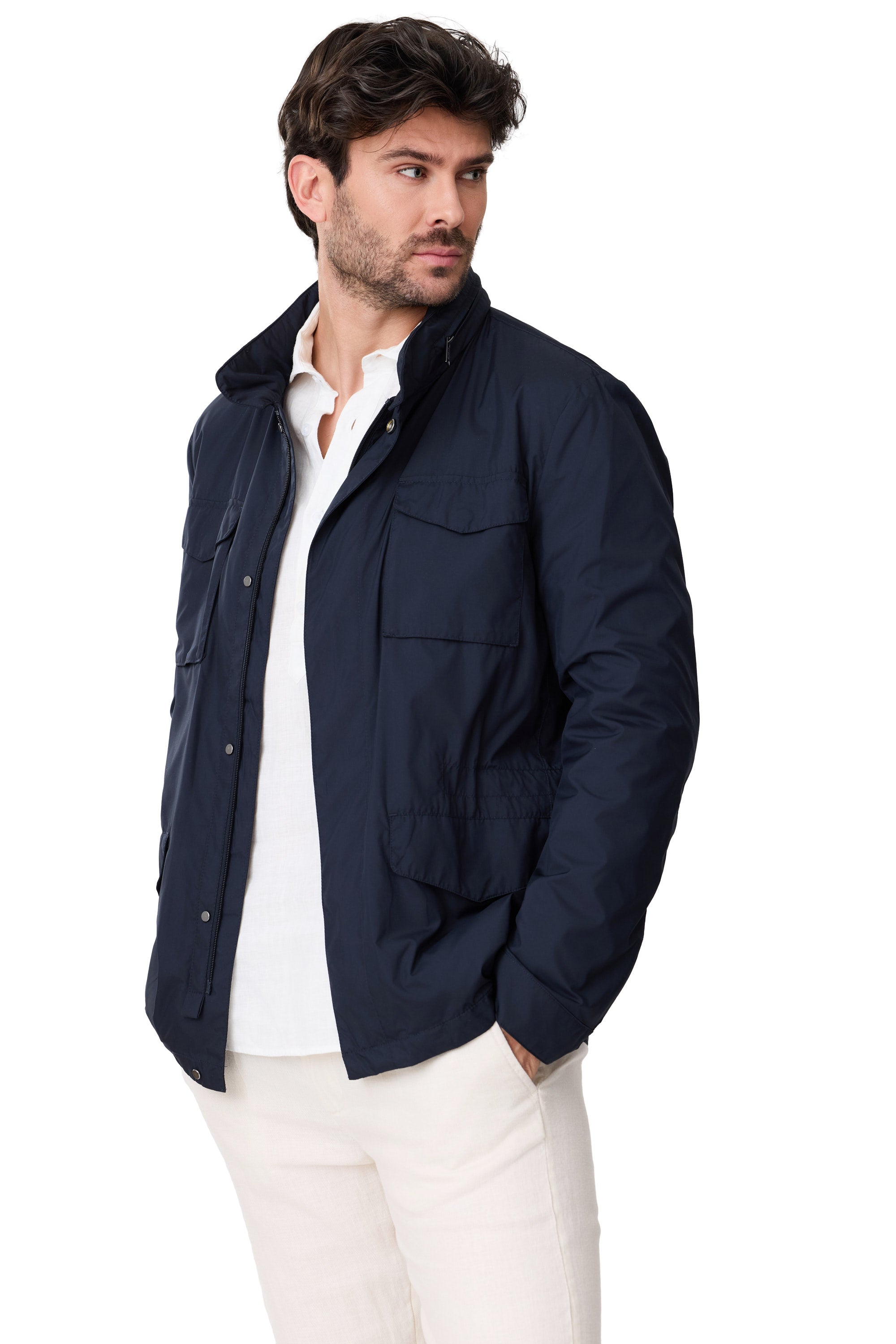 Parka Lorien primavera para hombre azul marino con bolsillo y elástico detalle lado