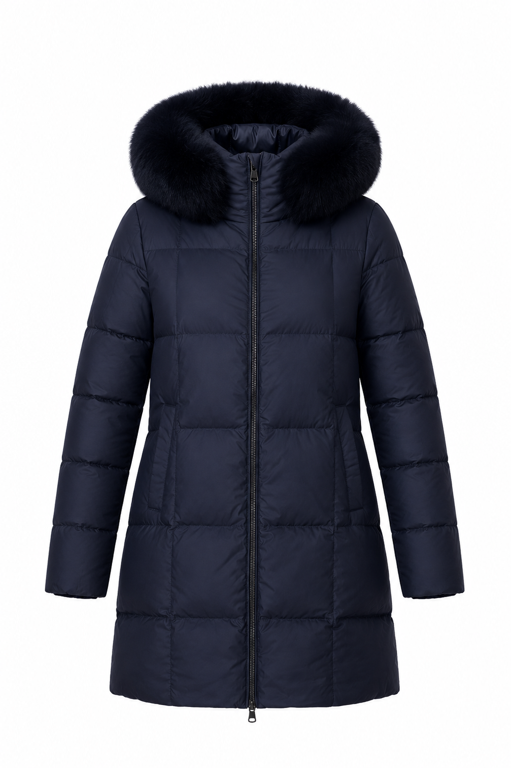Plumífero acolchado cuadro con capucha con pelo, vista cremallera