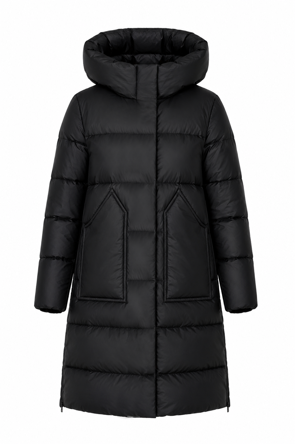 Plumífero largo acolchado negro capucha, detalle capucha