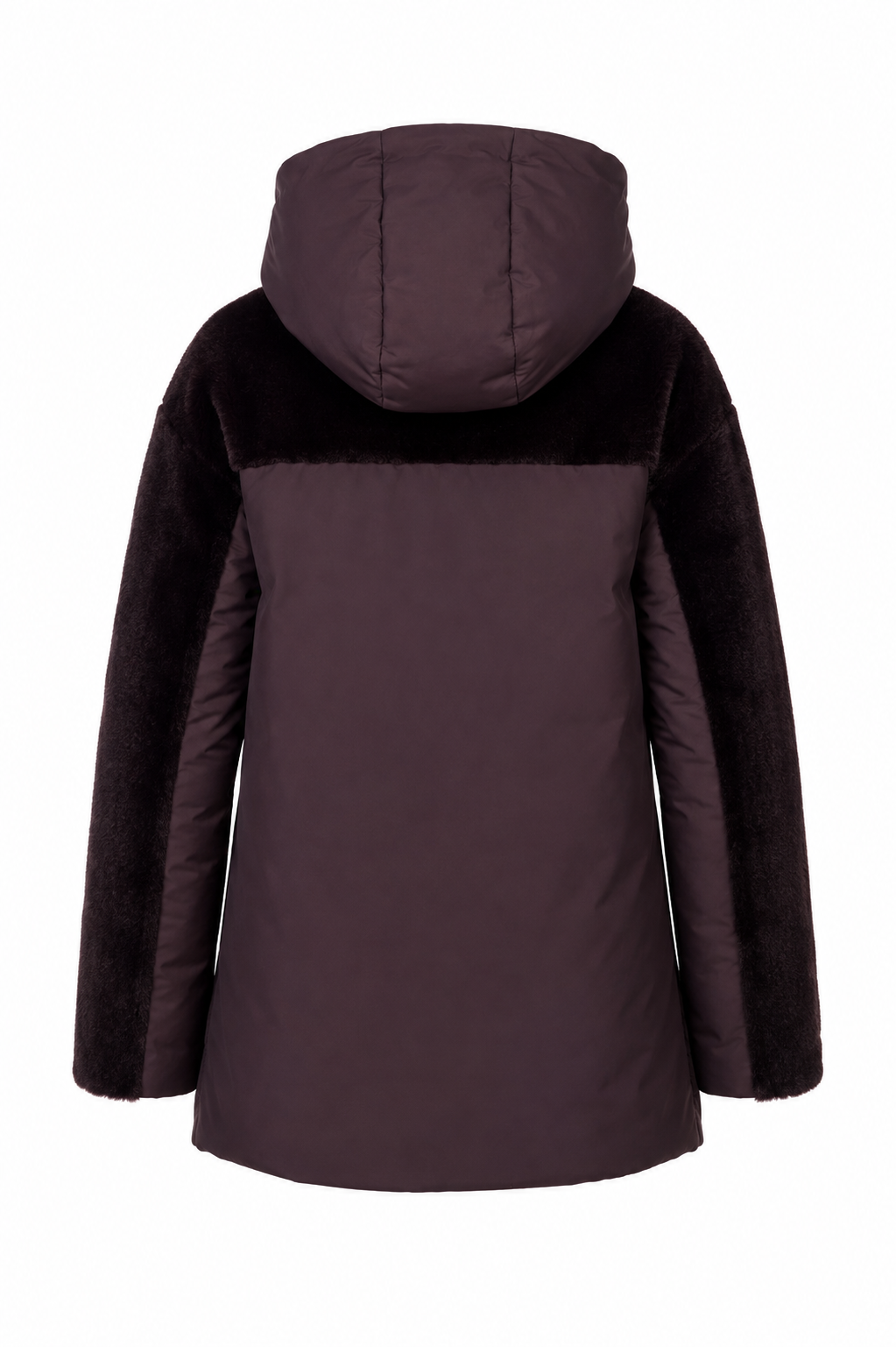 Plumífero combinado de tejidos, detalle capucha