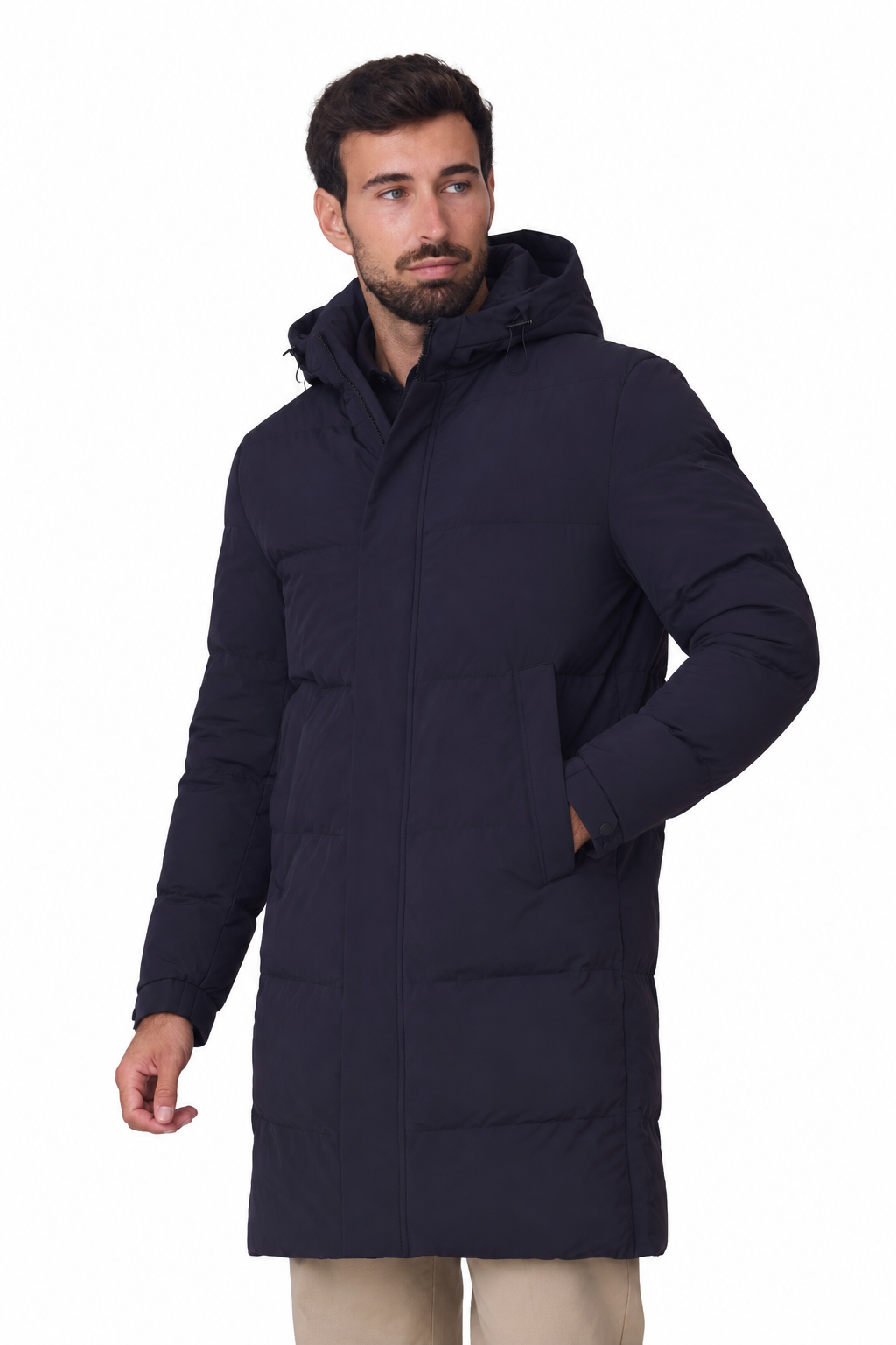 Parka larga acolchada capucha marino, vista delantero cerrada