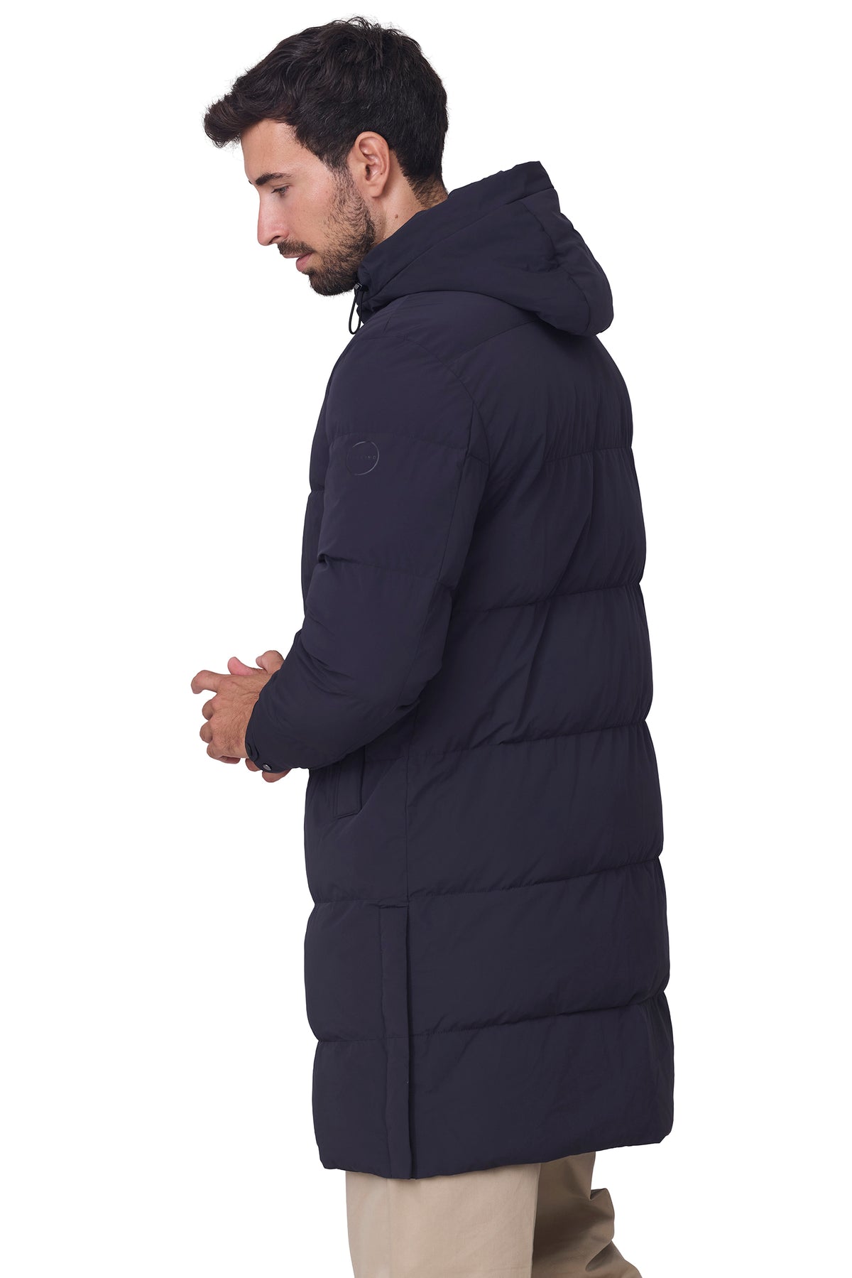 Parka larga acolchada capucha marino, vista lateral