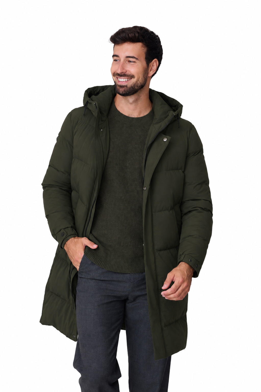 Parka larga acolchada capucha verde, vista delantero lateral