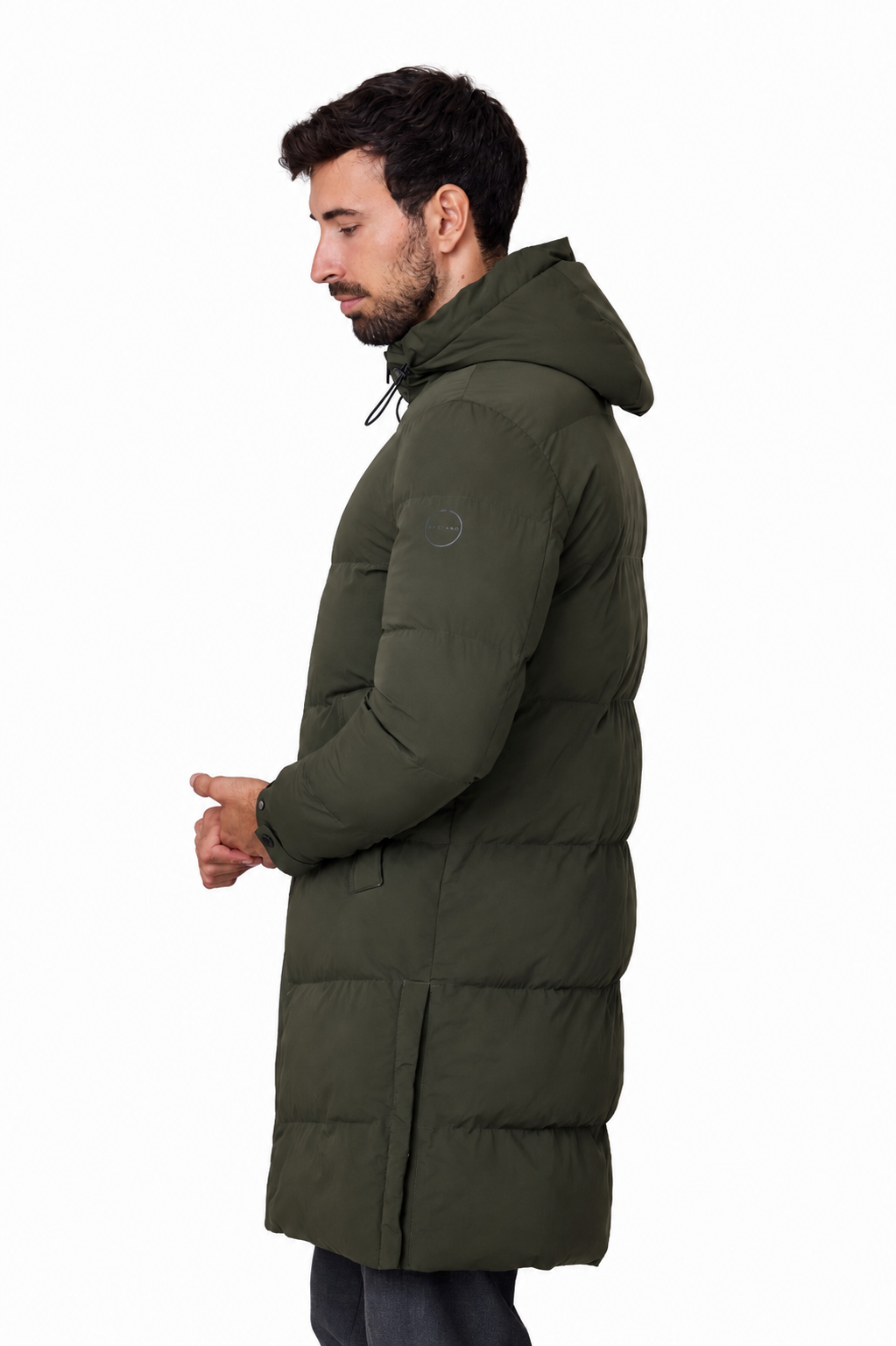 Parka larga acolchada capucha verde, vista lateral