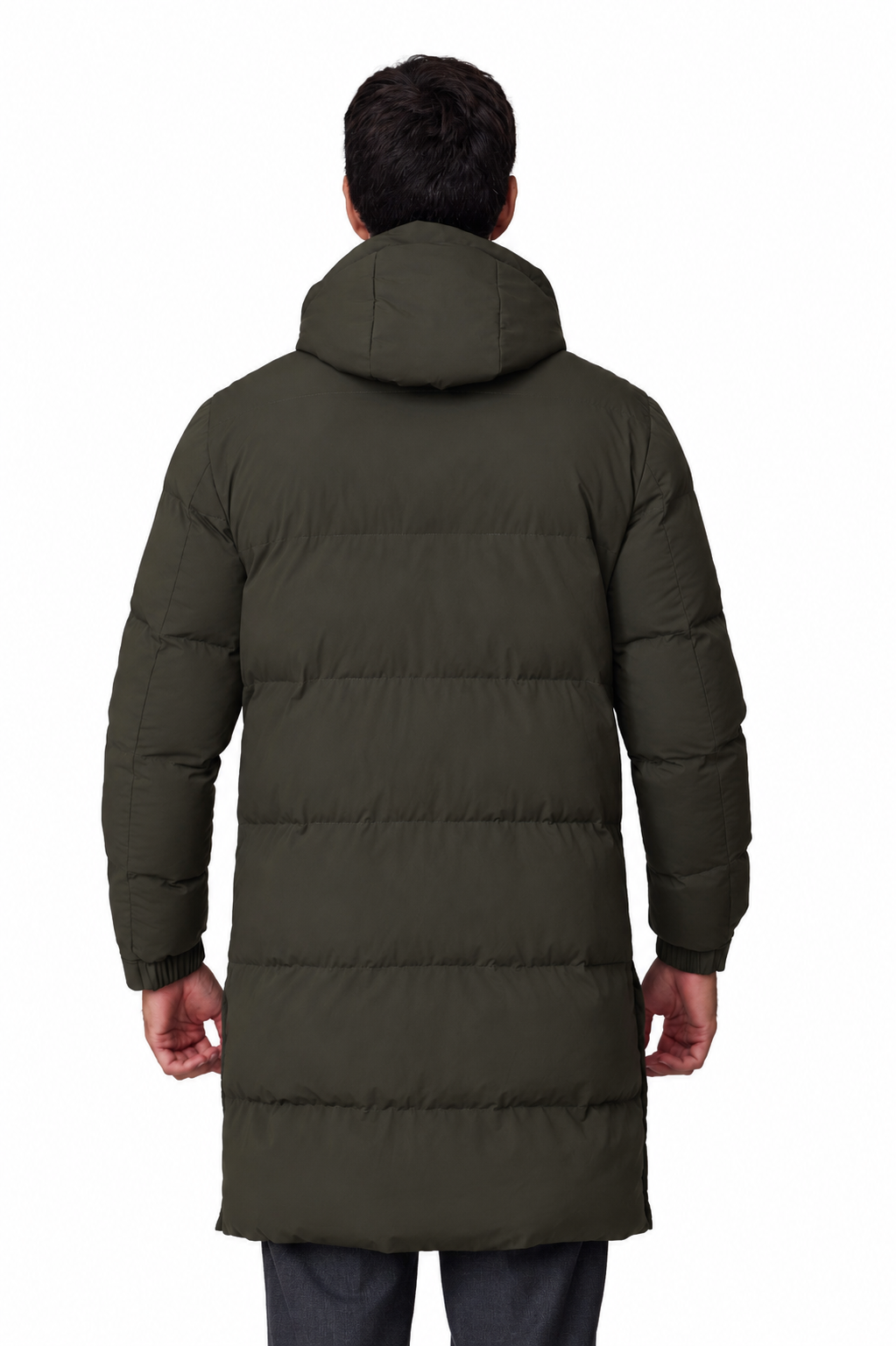 Parka larga acolchada capucha verde, vista espalda cuerpo