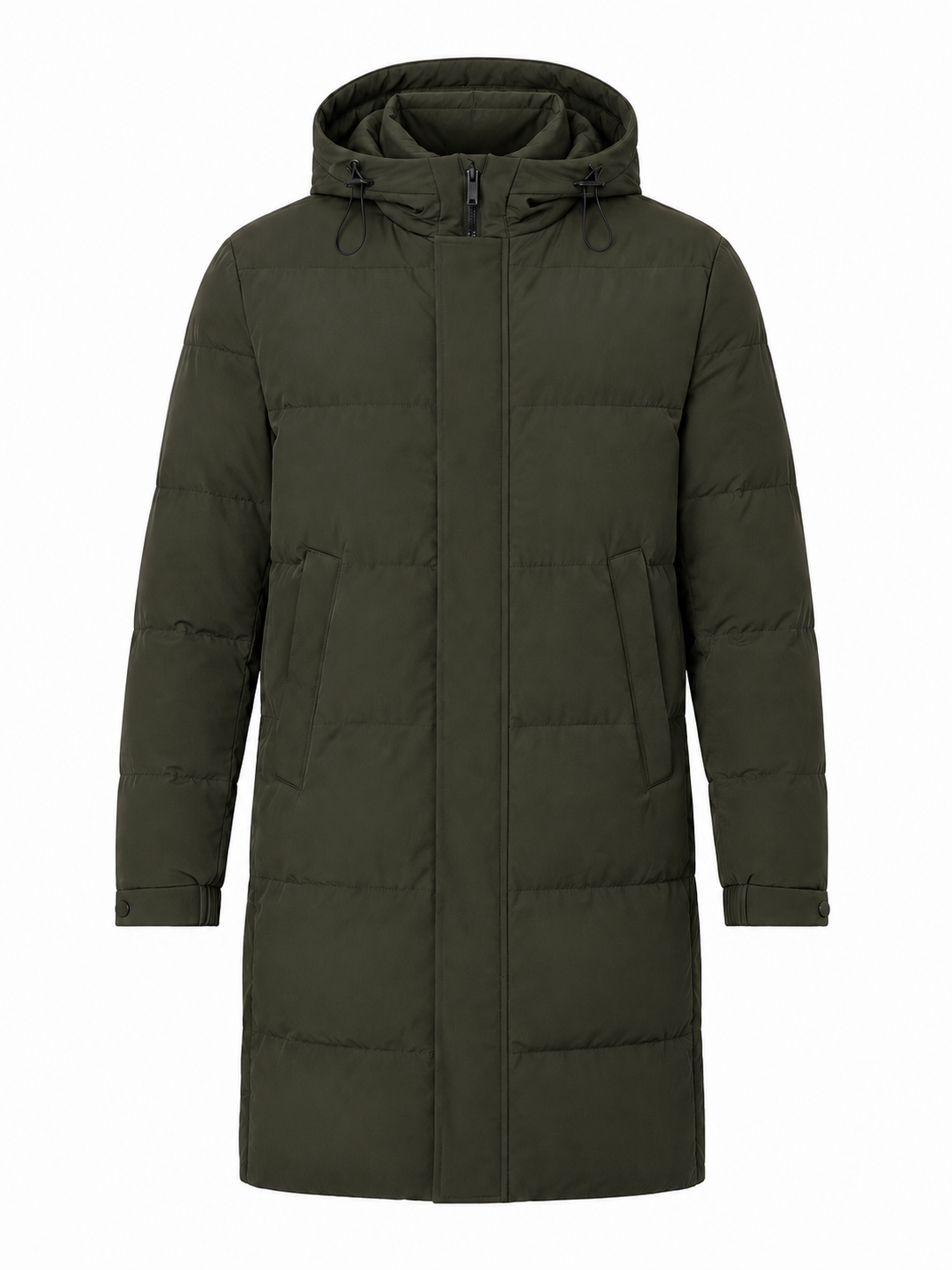 Parka larga acolchada capucha verde, vista delantero cerrada