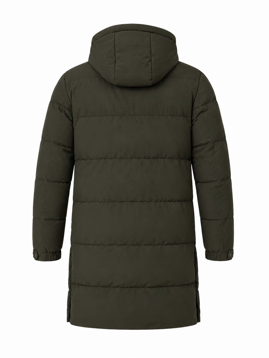 Parka larga acolchada capucha verde, vista espalda cerrada
