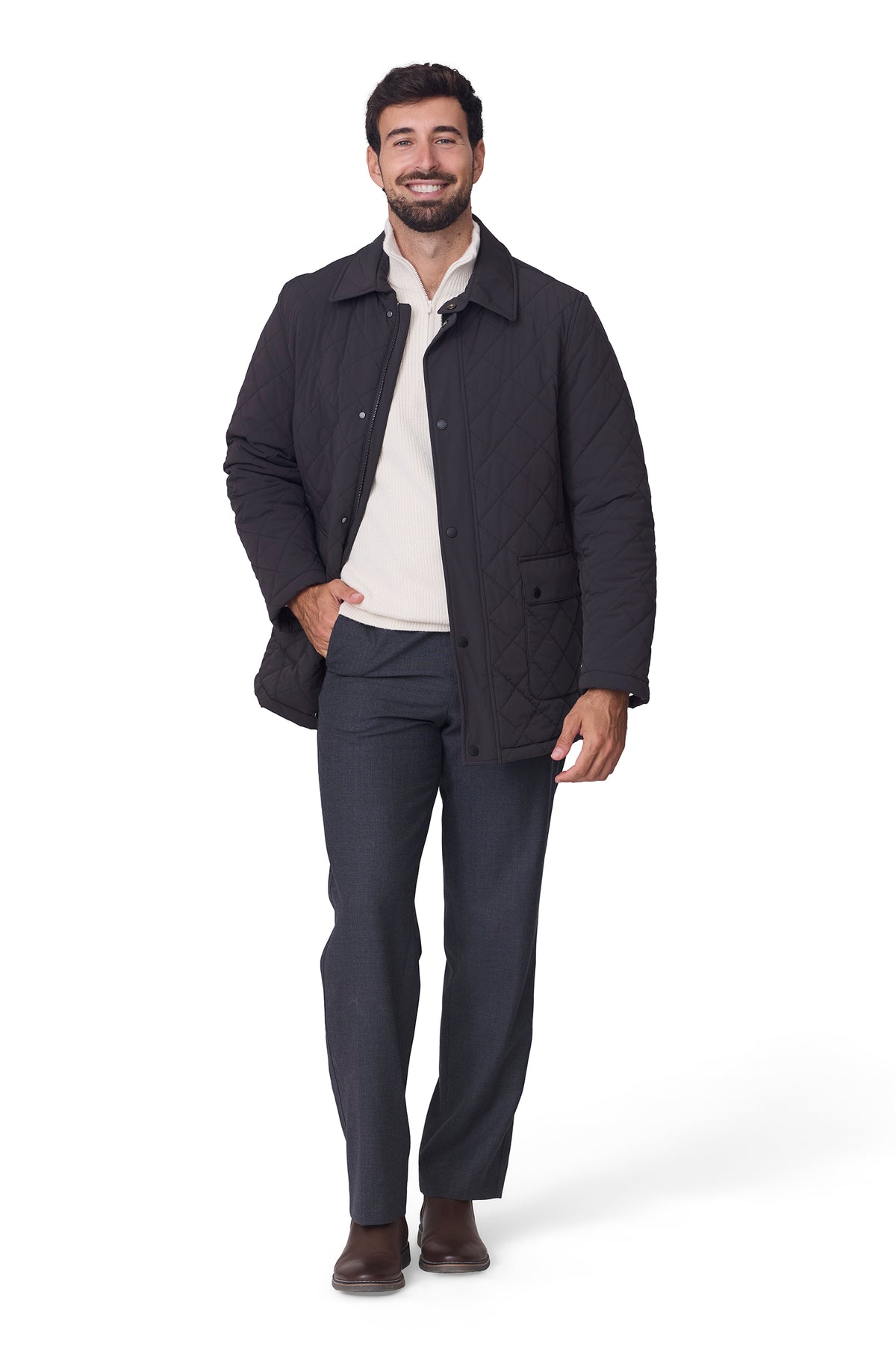 Parka ligera acolchada cuello camisero marrón, vista delantero cuerpo entero