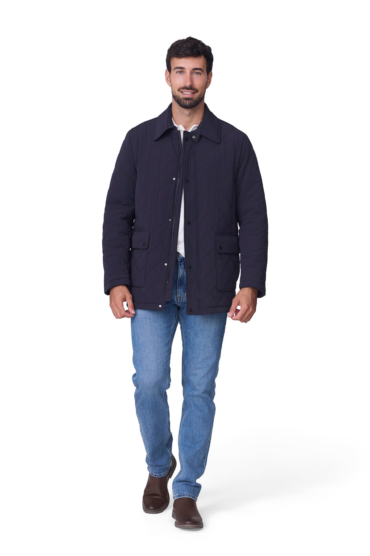 Parka ligera acolchada cuello camisero marino, vista delantero abierta
