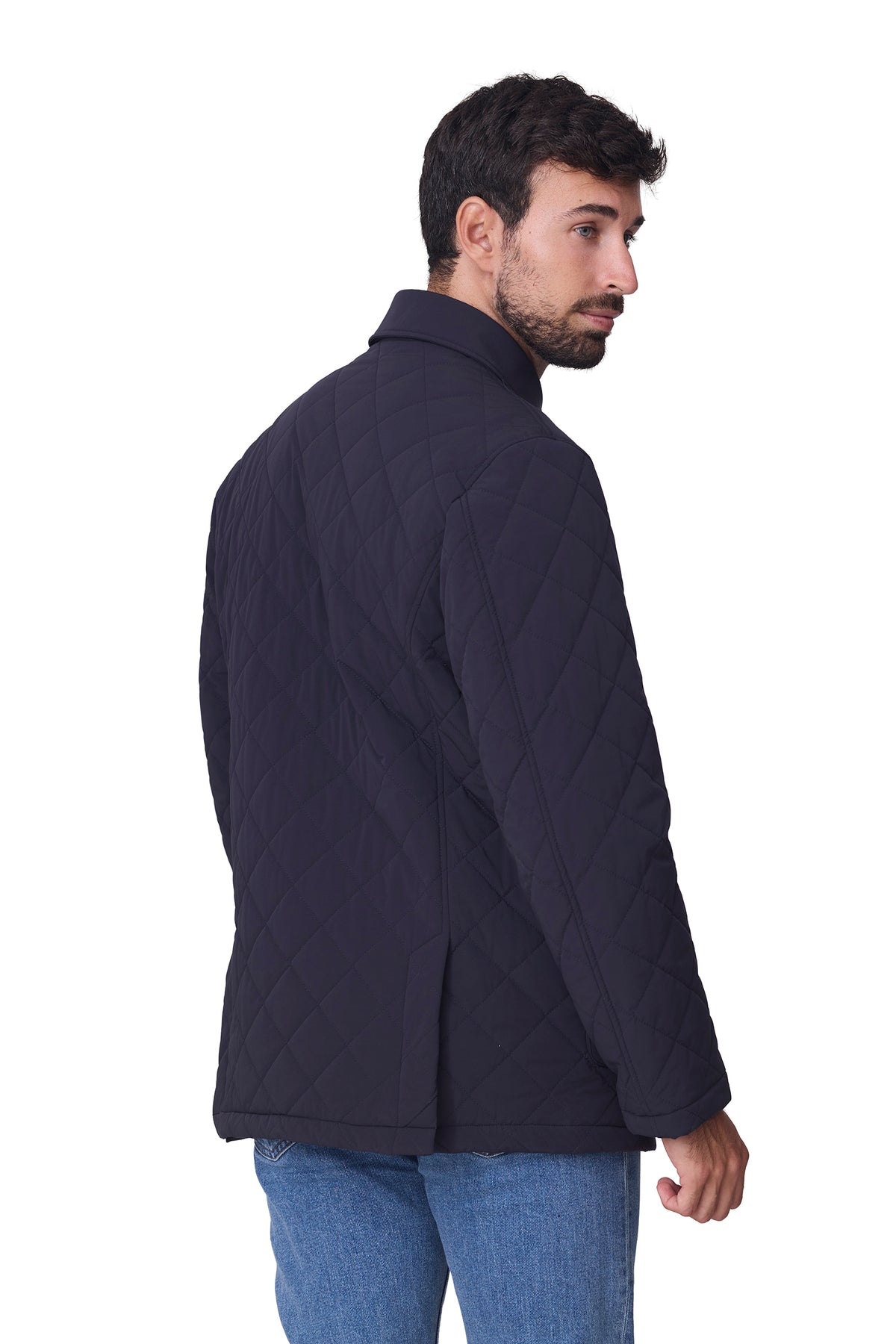 Parka ligera acolchada cuello camisero marino, vista abertura espalda