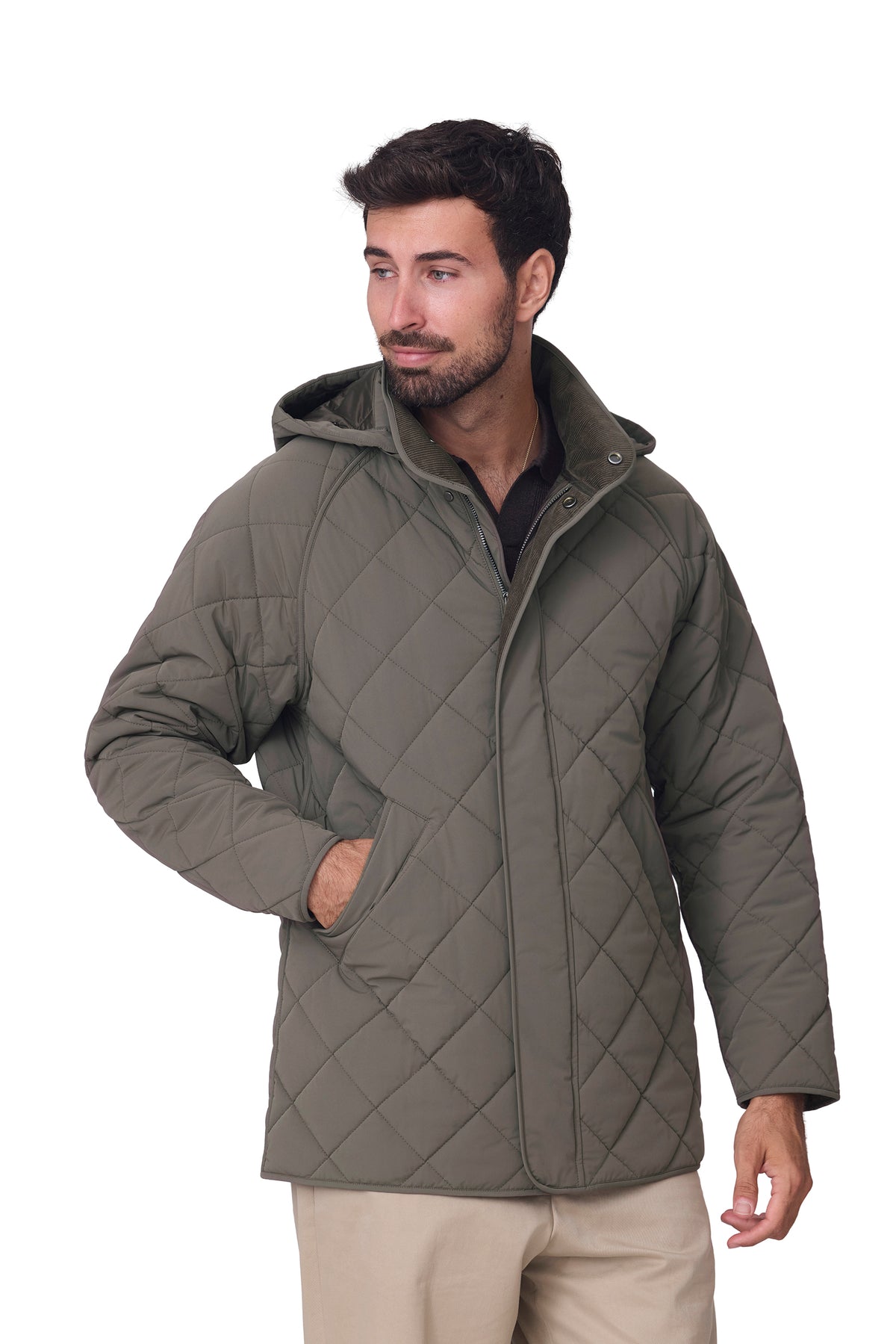 Parka ligera acolchada rombo capucha, vista cerrada bolsillo
