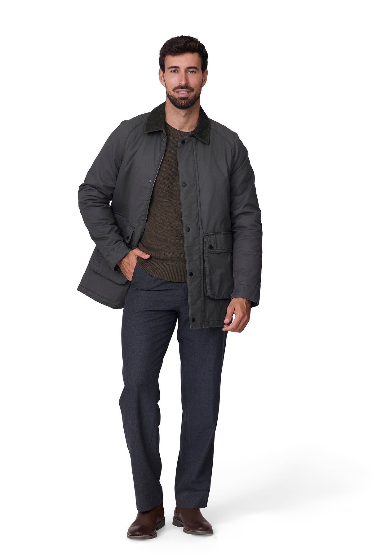 Parka hombre lisa cuello pana verde, vista cuerpo