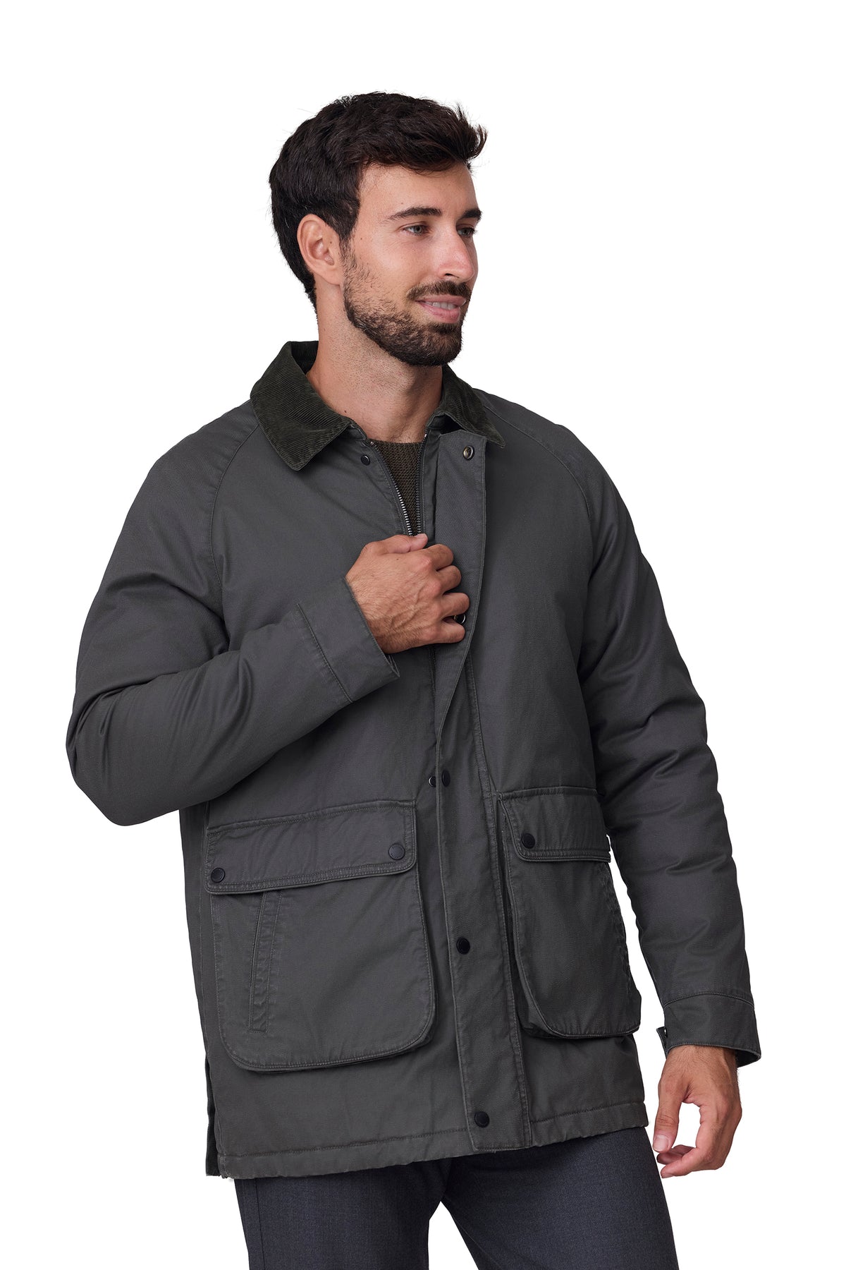Parka hombre lisa cuello pana verde, vista cerrada