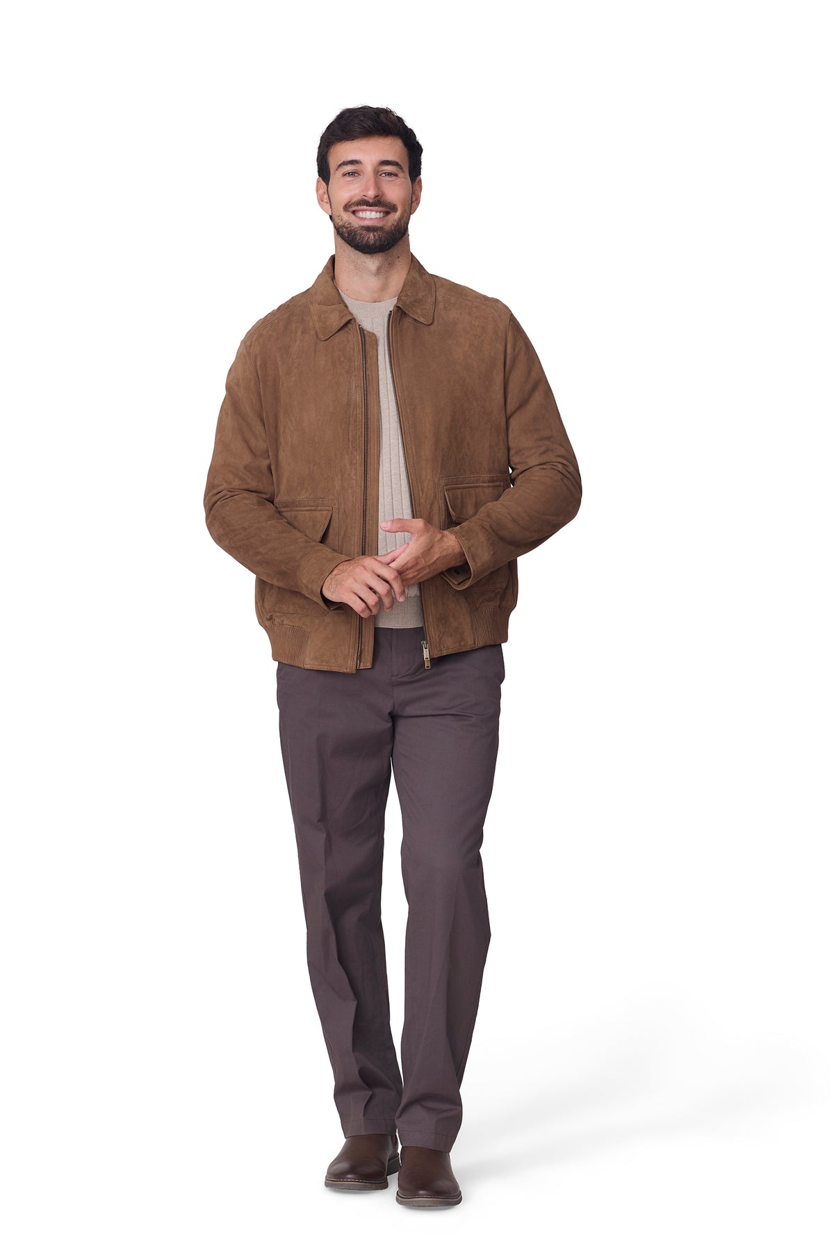Cazadora camel de piel bolsillo cartera y punto, vista delantero abierta