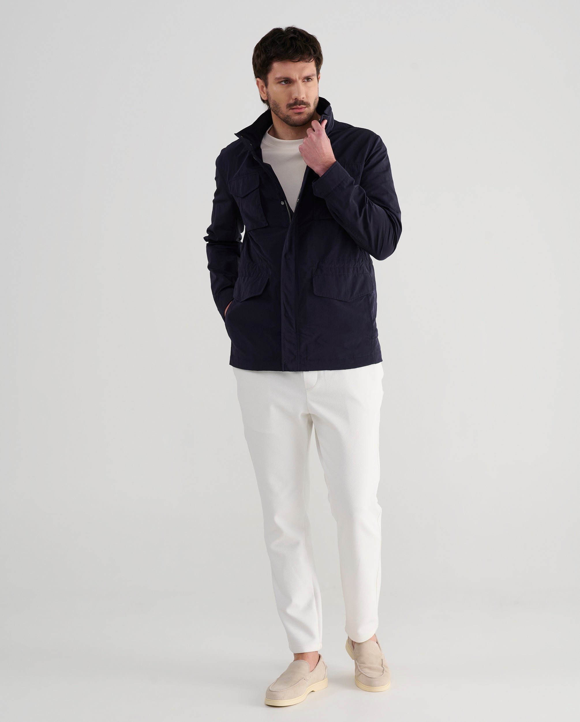 Parka Eder en microfibra primavera para hombre azul marino detalle cuello levantado