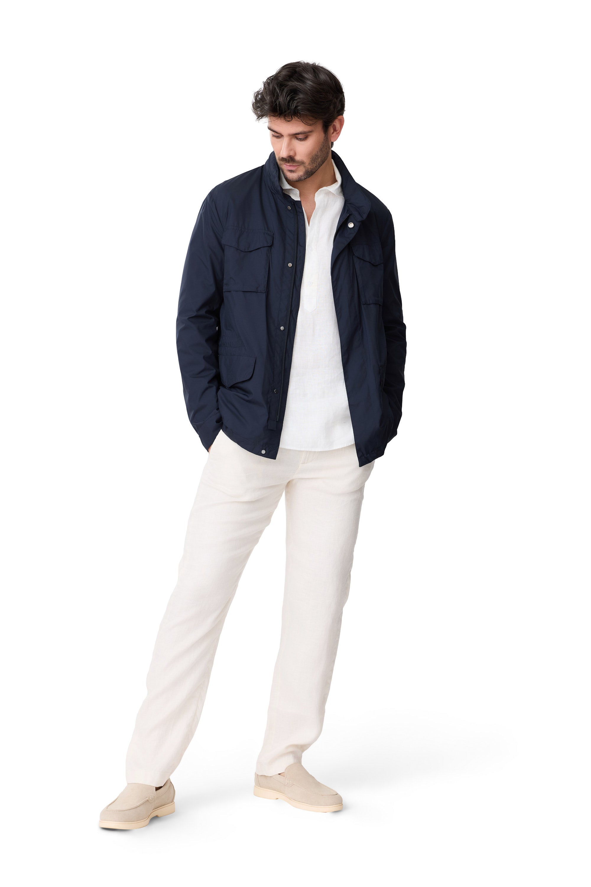 Parka Lorien primavera para hombre azul marino con bolsillo y elástico detalle broches